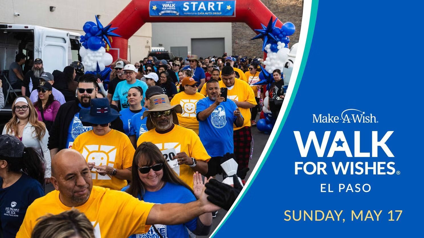 Crowd in yellow shirts at a charity walk under a START arch, with “Walk for Wishes” banner