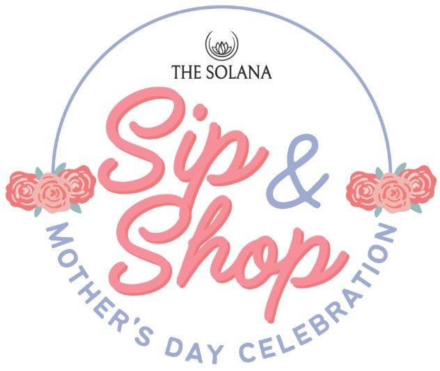 The Solana Sip & Shop Mother’s Day celebration logo in pink and blue with floral accents