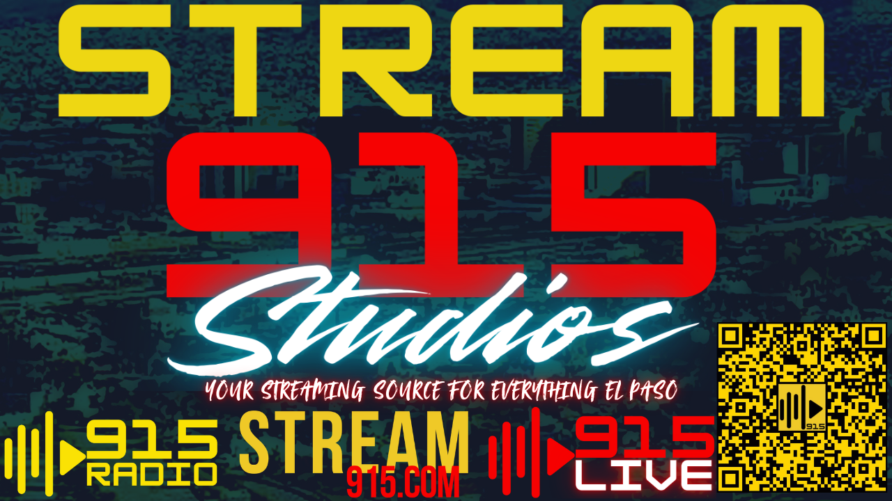 Logo for Stream 915 Studios in El Paso with text, icons for radio and live stream, and a QR code on a dark background.