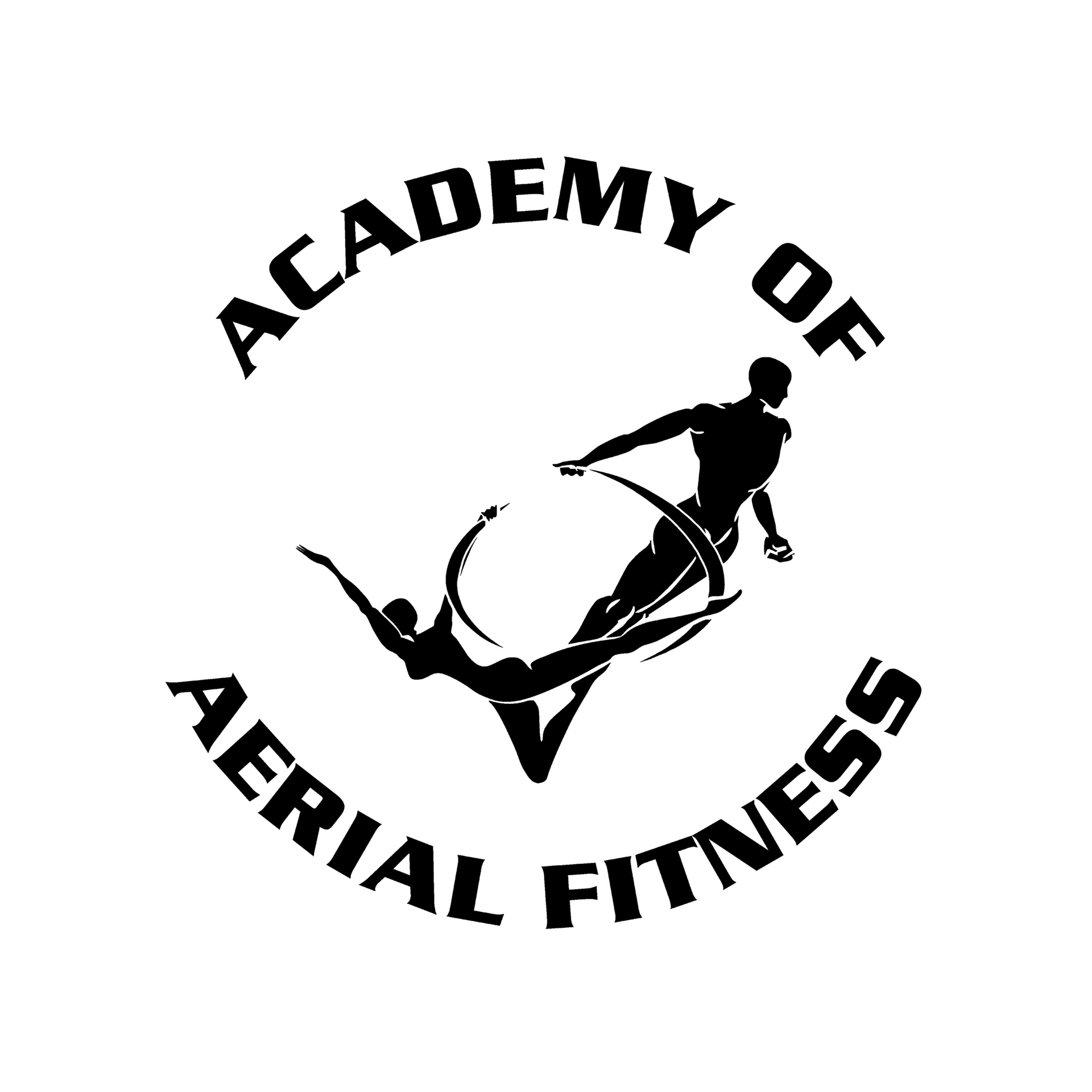 The logo for the academy of aerial fitness shows a person flying through the air.