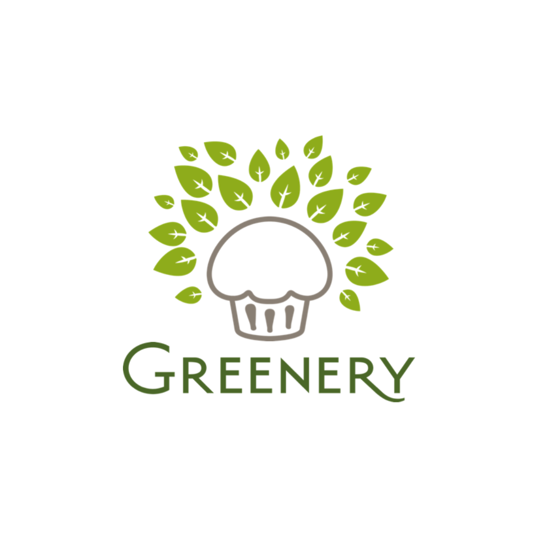 A logo for greenery with a cupcake and leaves