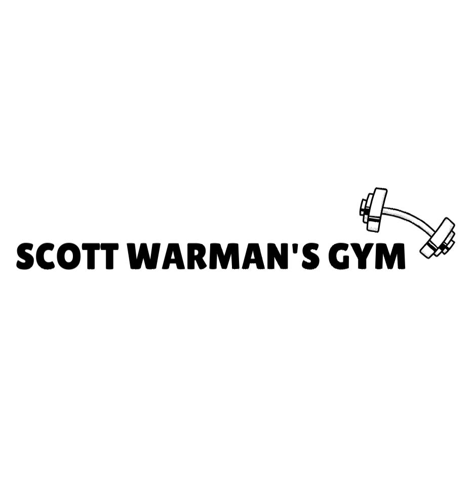 Scott warman 's gym logo with two dumbbells on a white background.