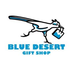 A blue desert gift shop logo with a bird carrying a bucket of water