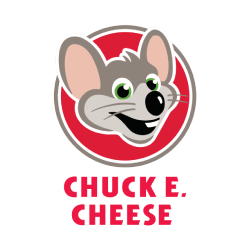 A chuck e. cheese logo with a mouse in a red circle