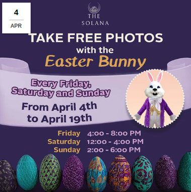 An advertisement for the solana hotel that says take free photos with the easter bunny