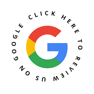 A google logo in a circle with the words `` click here to review us ''.