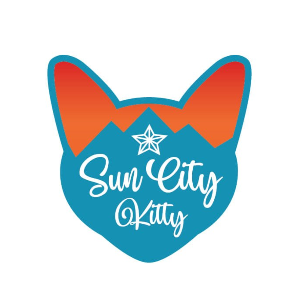 A blue and orange logo for sun city kitty