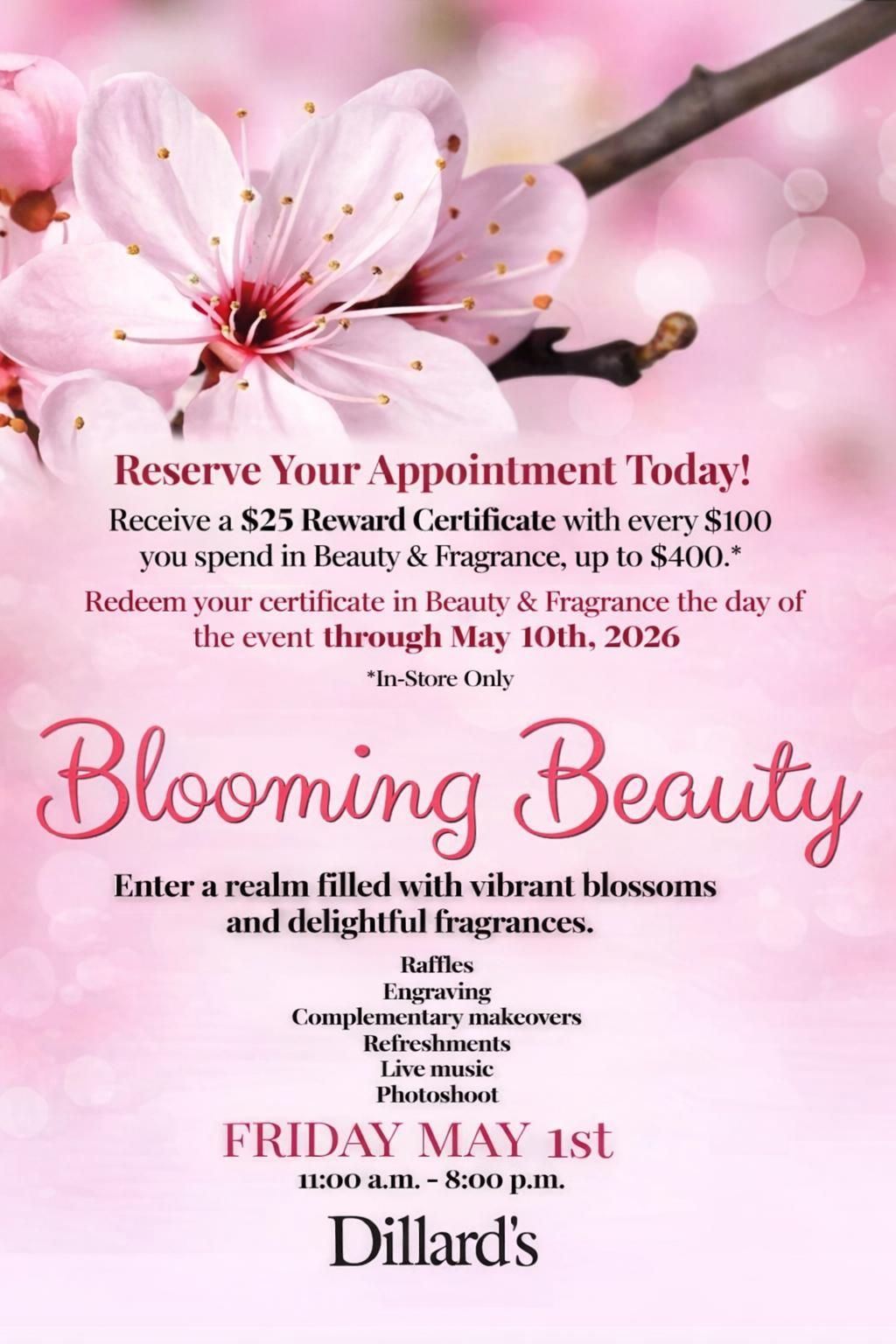 Pink floral flyer for Blooming Beauty makeup event with reserve-your-appointment text and Dillards details
