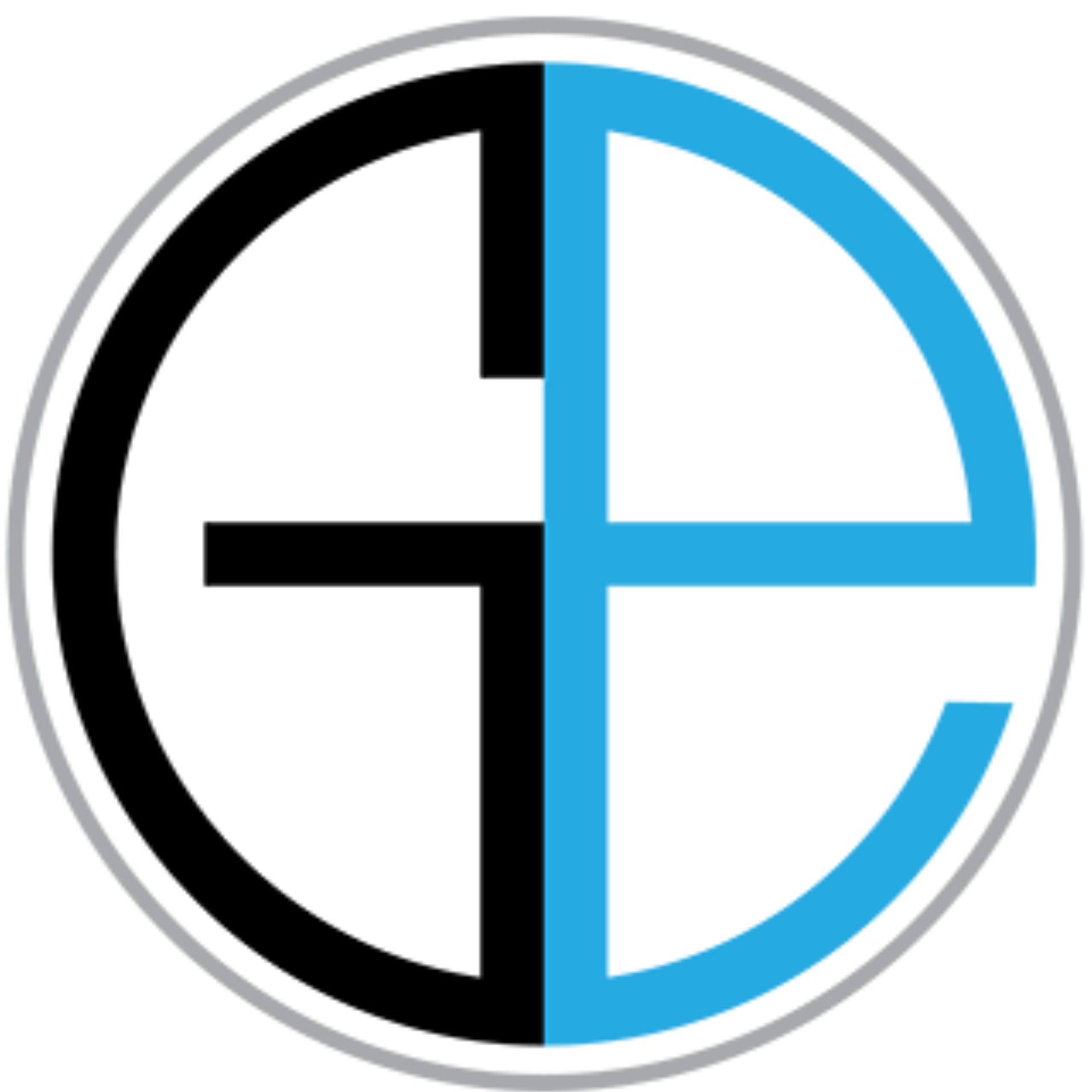 Black and blue circular abstract logo with interlocking letters or symbols