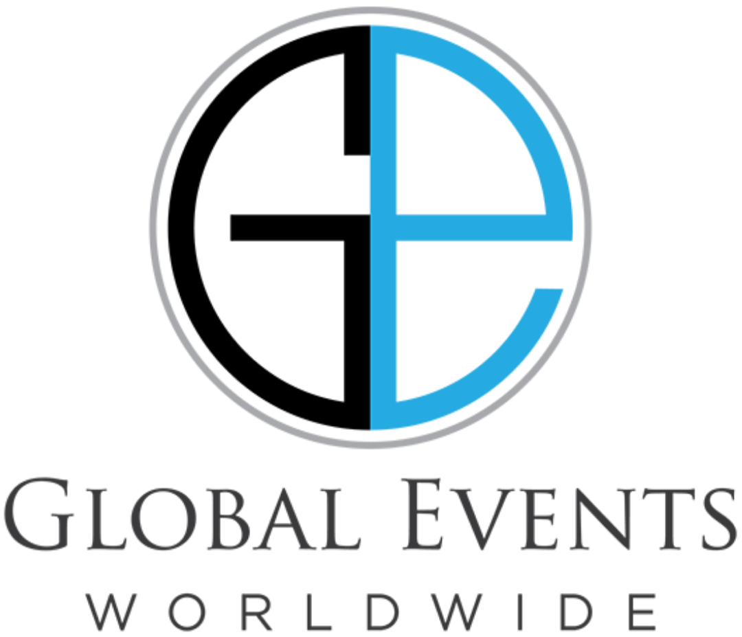 Global Events Worldwide logo with black and blue circular monogram and gray text