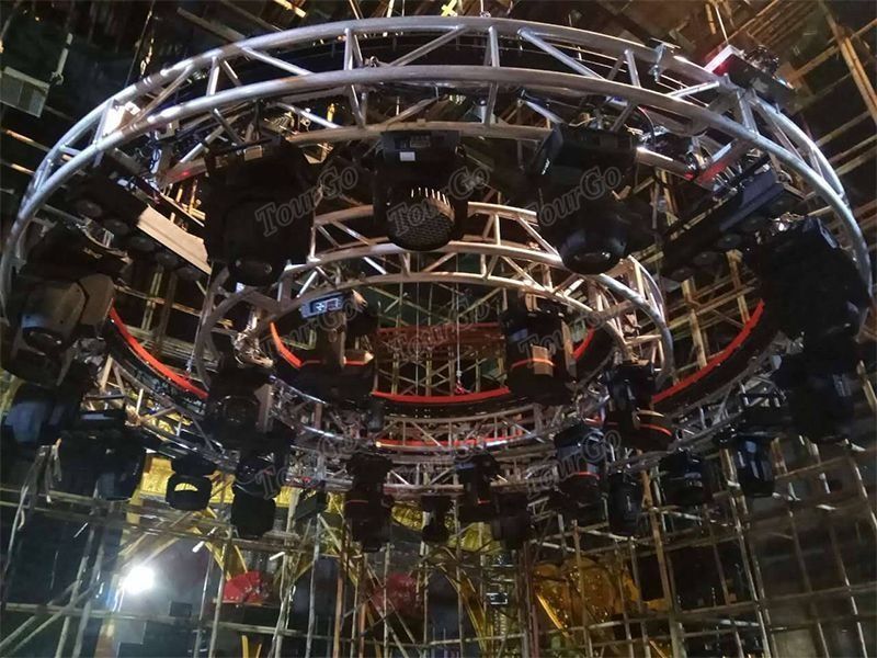 Large circular stage rig with lights and truss structure suspended in a dark indoor venue