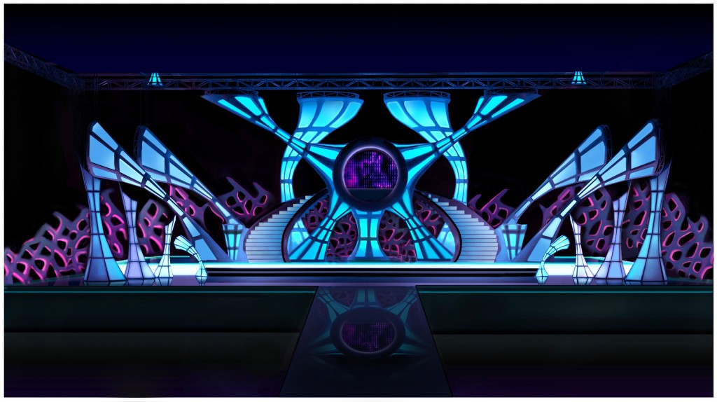Futuristic stage with glowing blue and purple geometric lights and a central circular display