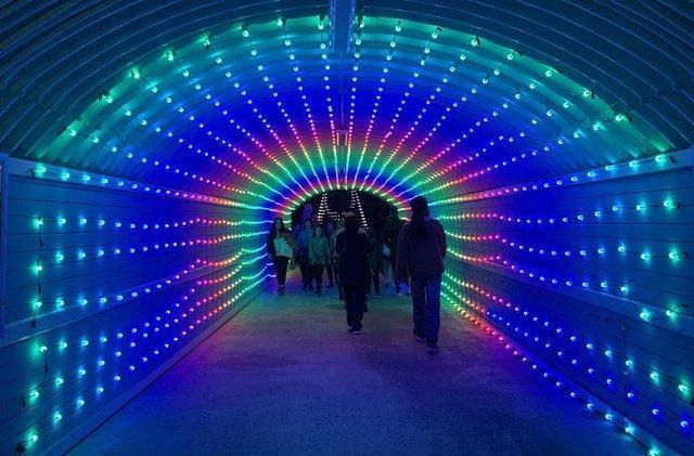 People walking through a neon-lit tunnel with blue, green, and purple lights
