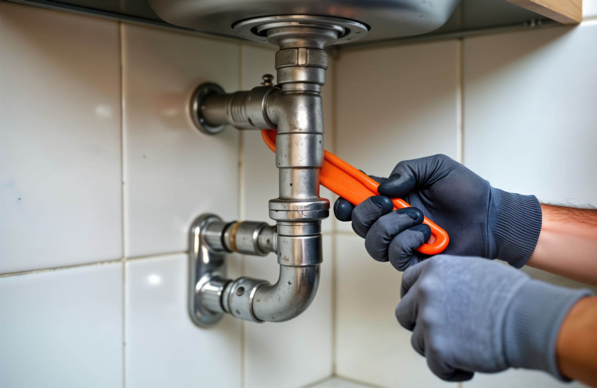 A plumber is fixing a sink pipe with a wrench.