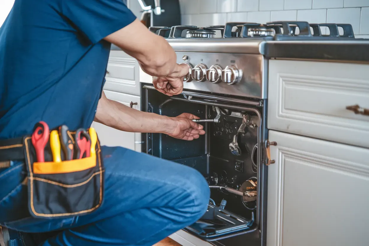 A man is fixing an oven in a kitchen.