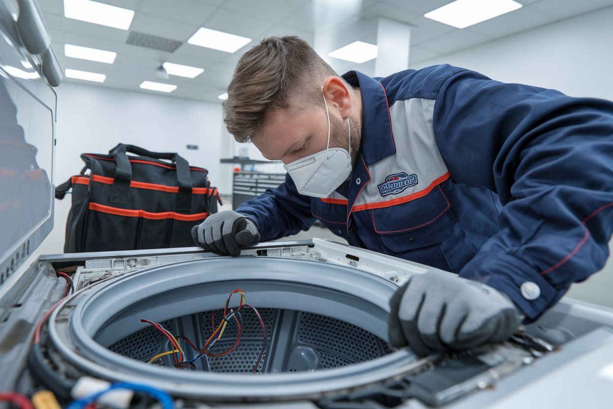 A man wearing a mask is working on a washing machine.