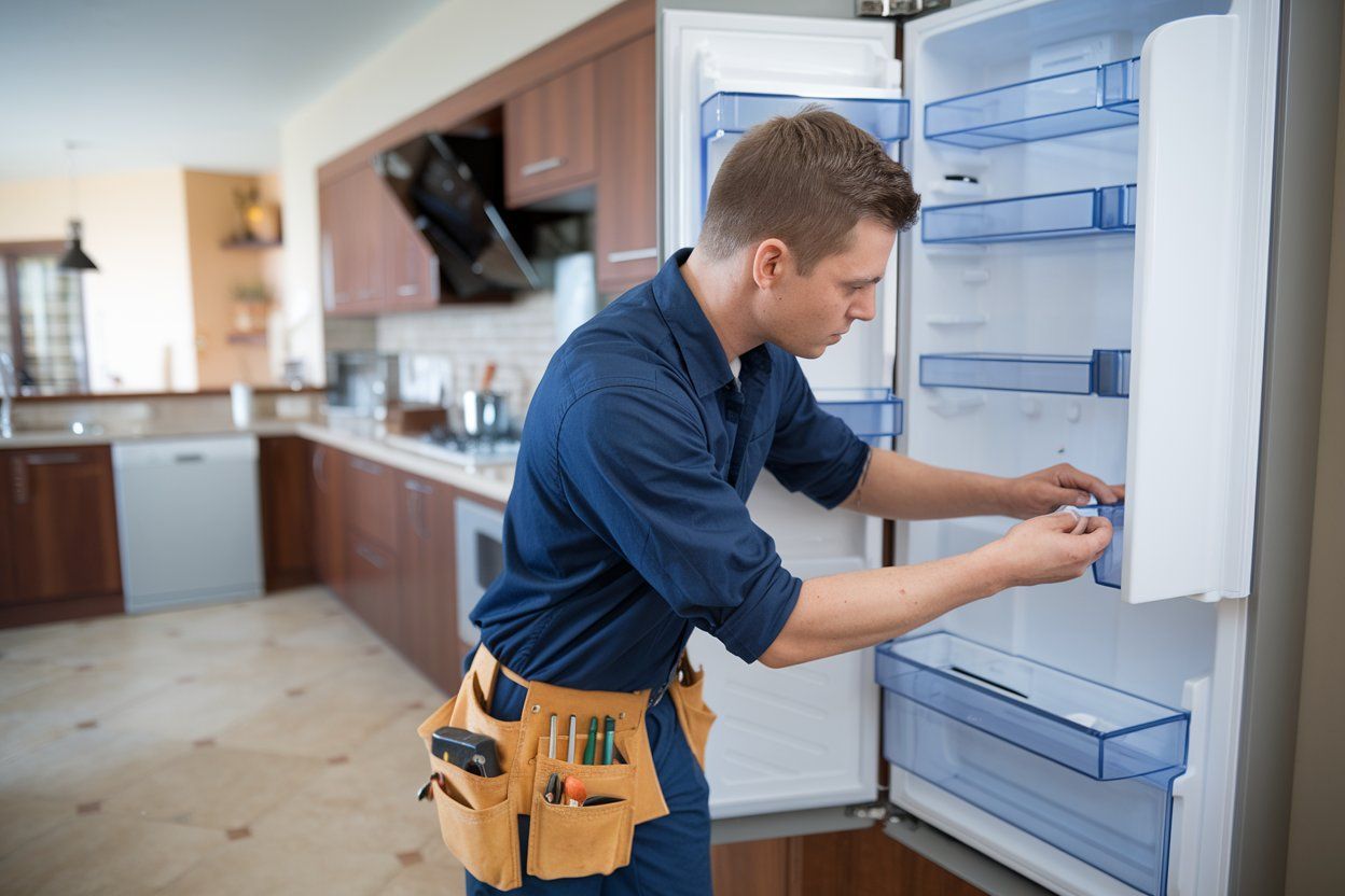 A man is fixing a refrigerator in a kitchen.