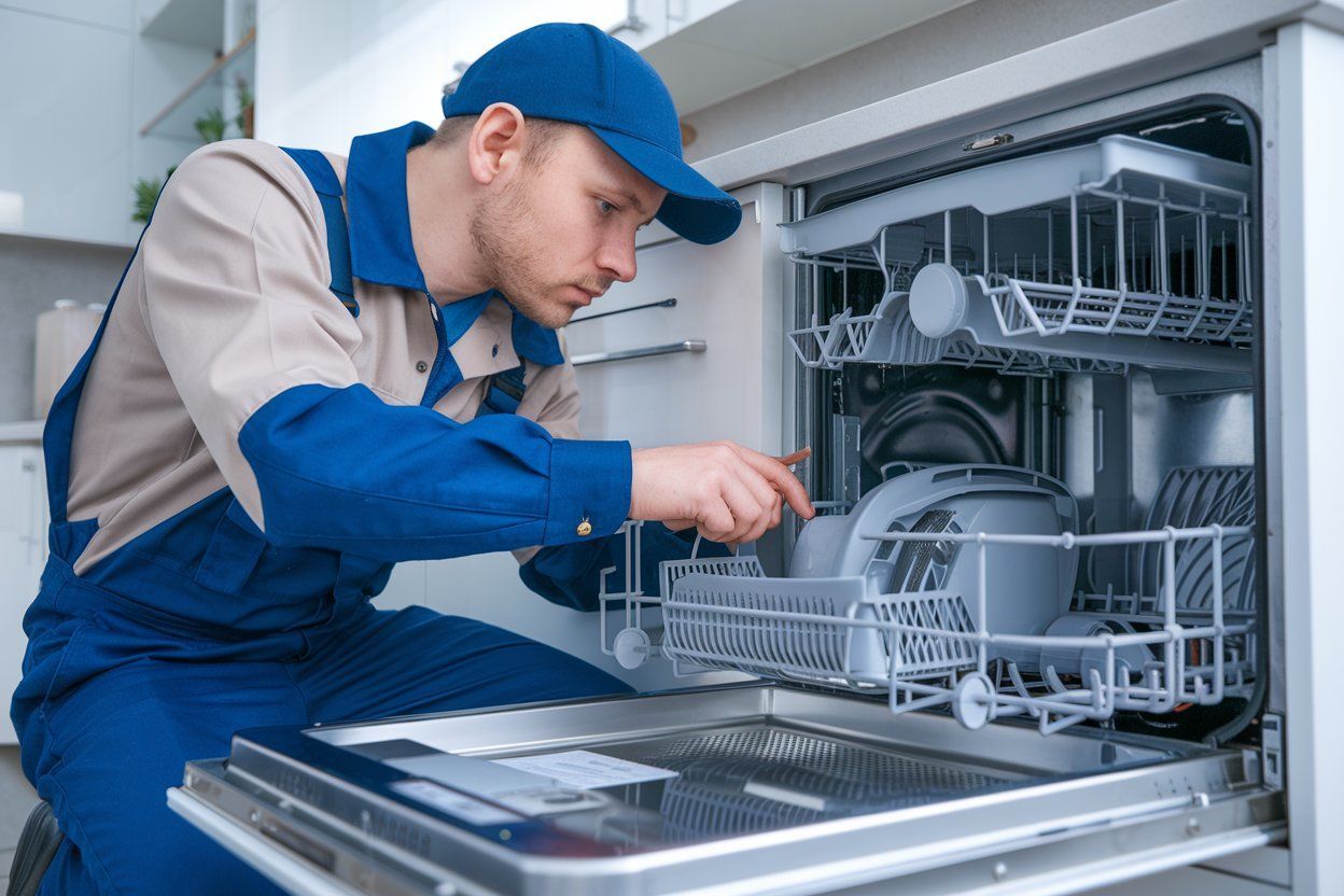 A man is fixing a dishwasher in a kitchen.