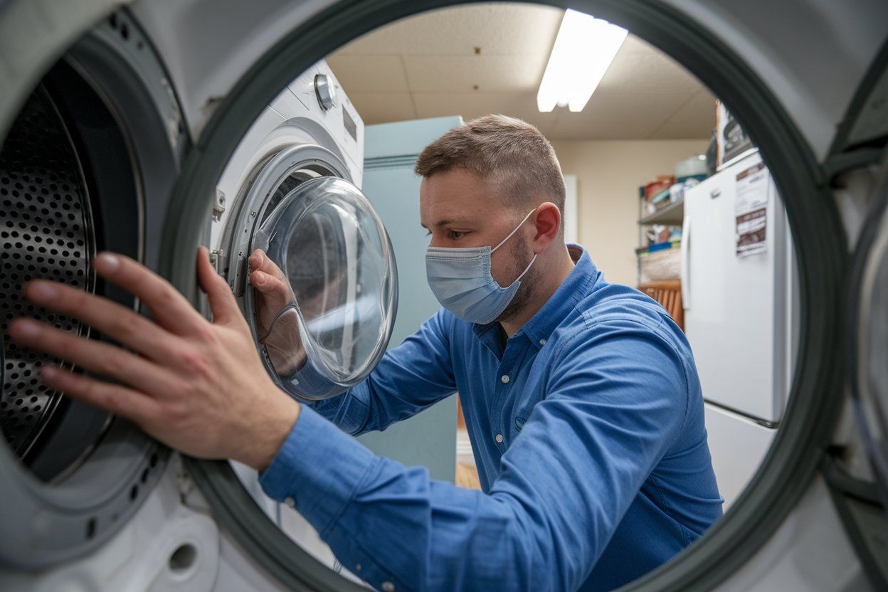 A man wearing a mask is working on a washing machine.