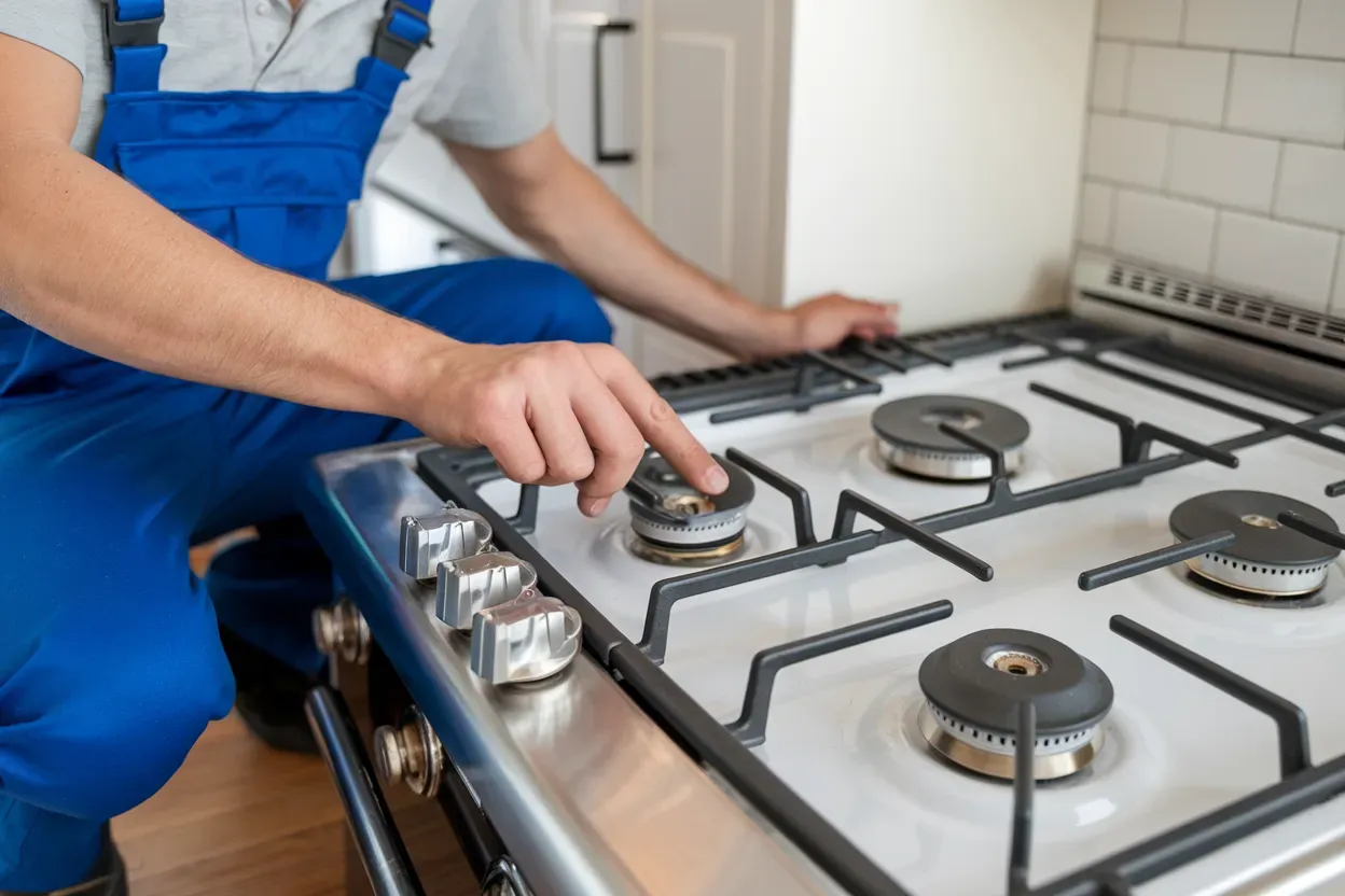 A man is fixing a gas stove in a kitchen.