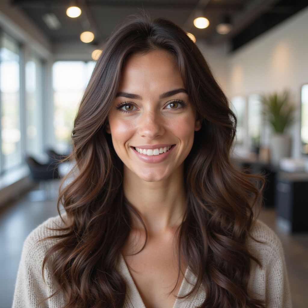 Woman with long brown wavy hair smiles in a salon.