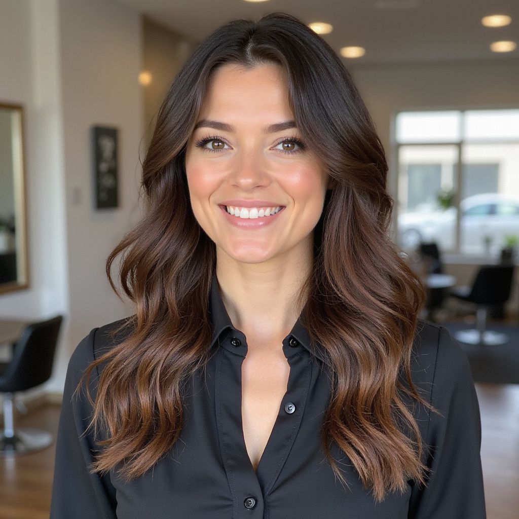 Woman with dark hair smiles, wearing a black button-up shirt, salon setting.