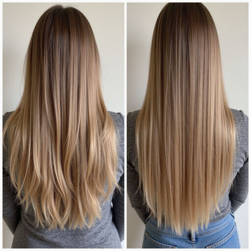 Woman's hair before and after a treatment. Left side: crimped, brown/blonde. Right side: smooth, blonde/brown.