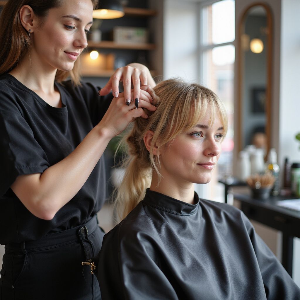 Hairdresser styling a blonde woman's hair in a salon. The woman wears a black cape, looking calm.