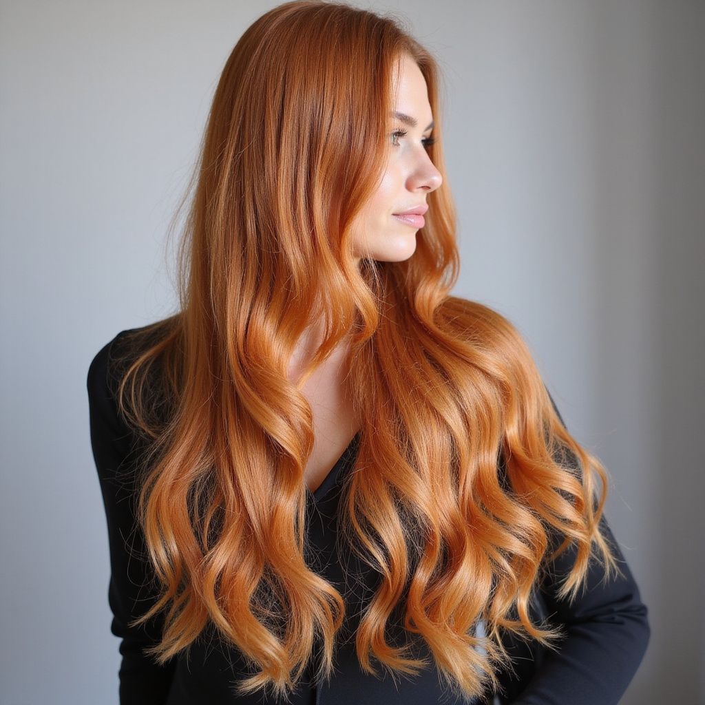 Woman with long, wavy, reddish-orange hair looking to the side, wearing a black top, against a gray background.