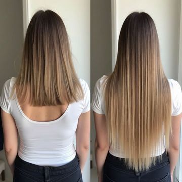Woman with short hair on the left and long, straight hair on the right, showcasing hair extensions.