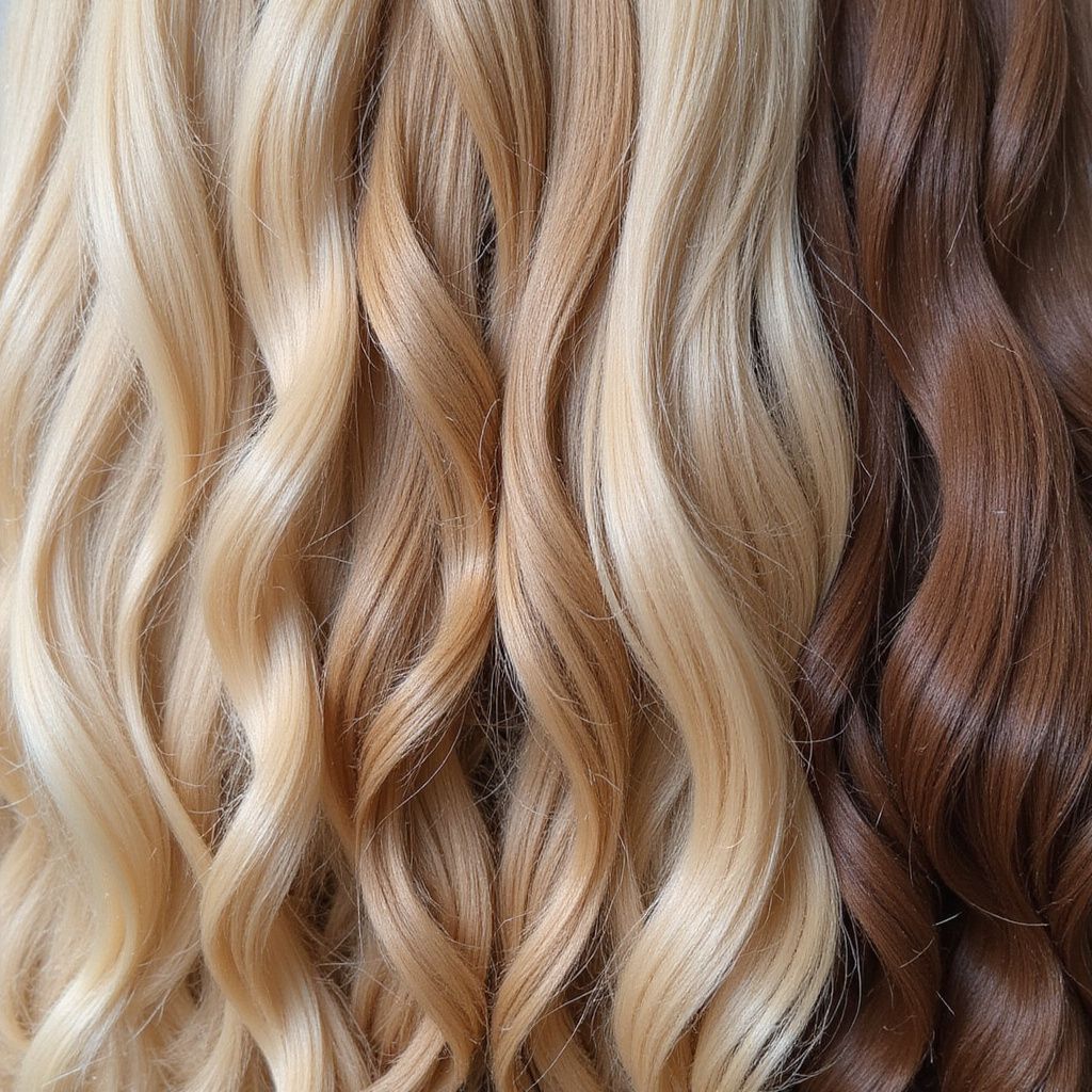 Samples of blonde and brown wavy hair extensions.