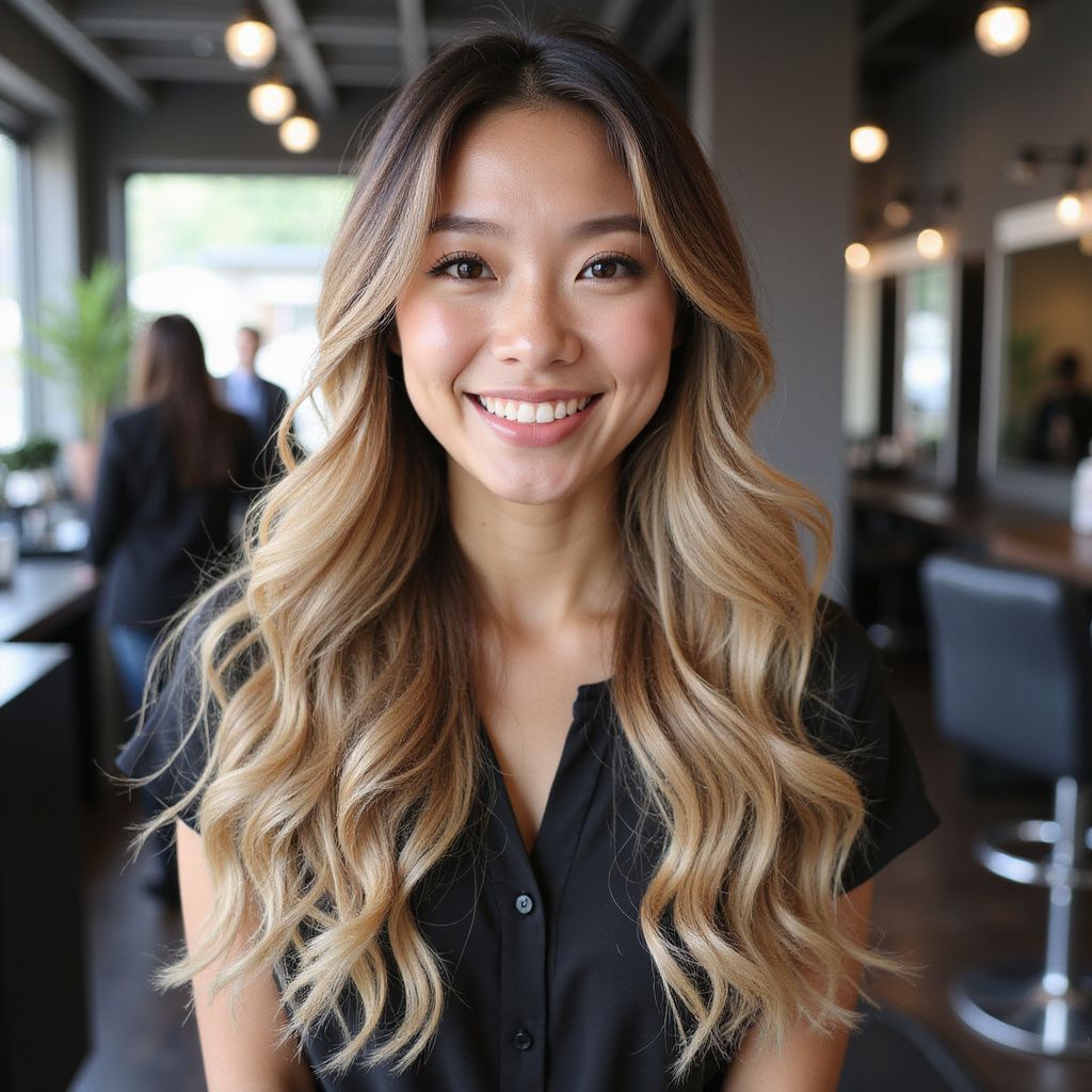 Smiling Asian woman with ombre hair, in a salon setting.