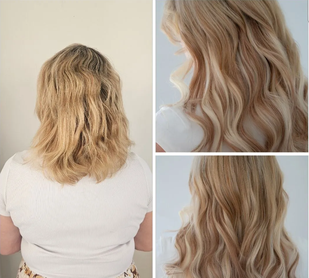 Woman with long brown hair styled in waves, ombre effect, smiling.