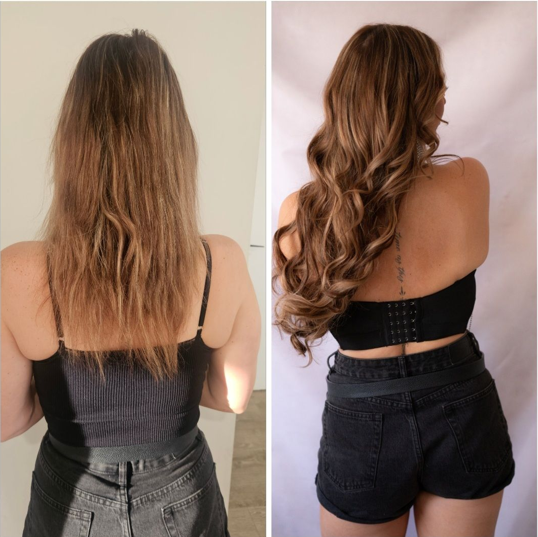 Woman's hair transformation. Left: thin, straight hair. Right: long, wavy, brown hair, styled.