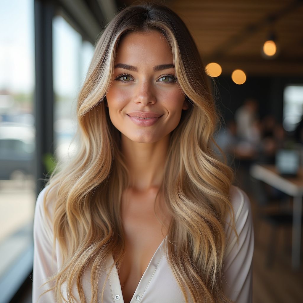 Blonde woman smiles at camera. She wears a white blouse in a well-lit office, blurred background.