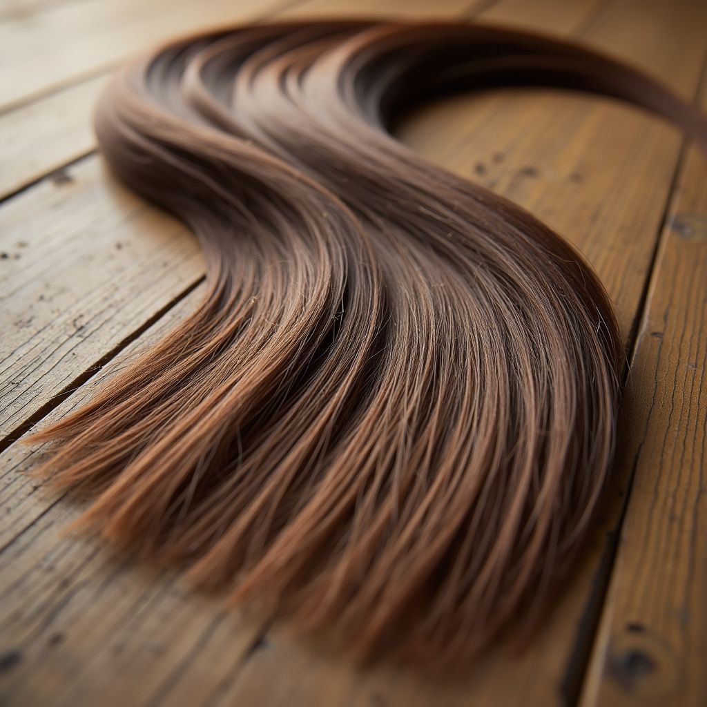 Brown hair on a wooden surface, cascading in a wavy pattern.
