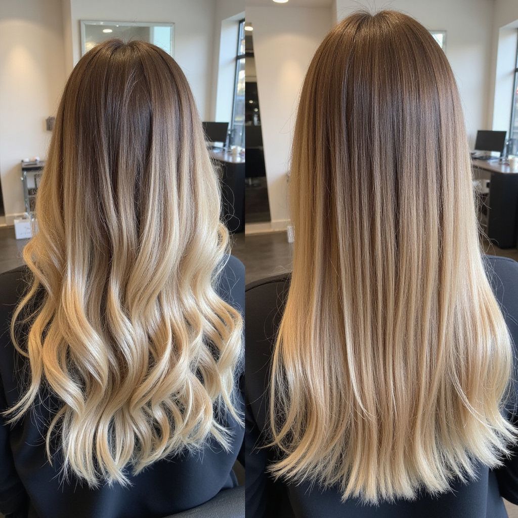 Woman with ombre hair, dark roots blending into blonde, styled wavy on left, straight on right, in a salon.