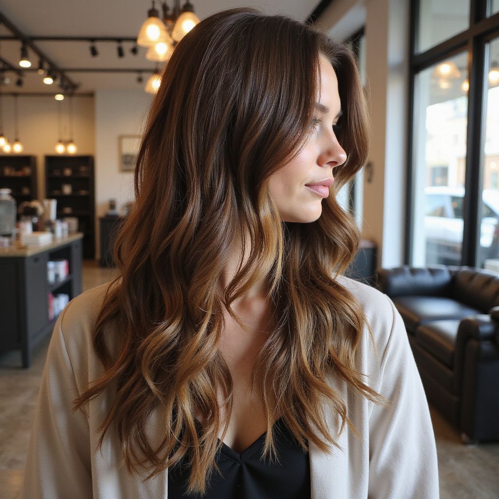 Woman with wavy brown hair in salon, wearing beige jacket.