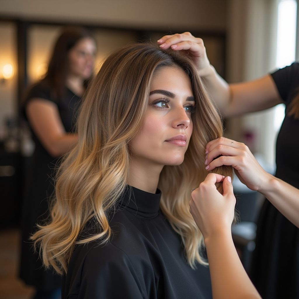 Woman getting her hair styled in a salon; stylists are holding sections of her hair.