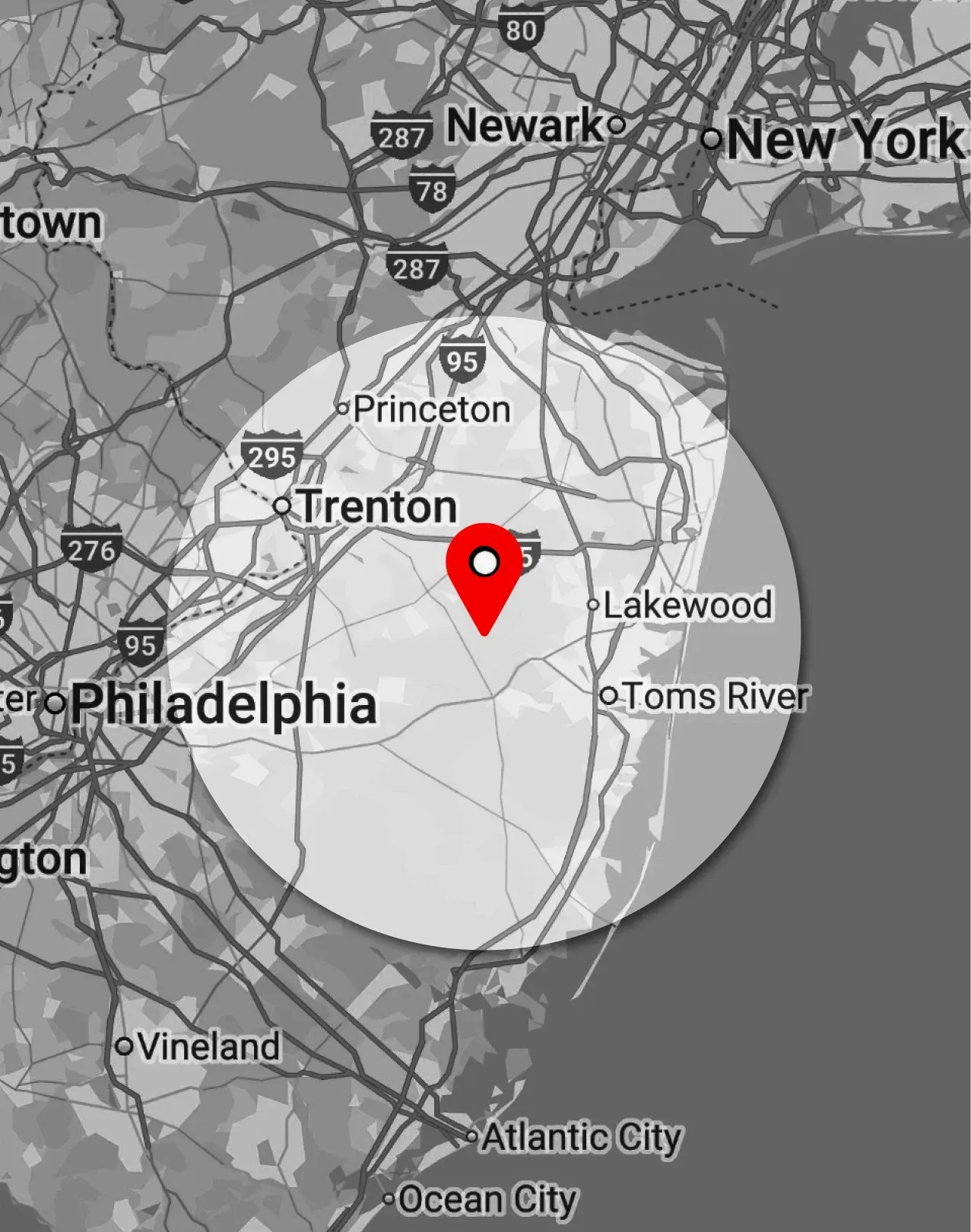 Map centered on Trenton, New Jersey, with a radius showing nearby cities including Philadelphia, Princeton, and Lakewood.