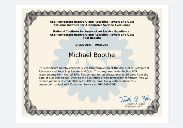 ASE refrigerant recovery and recycling review and quiz certificate for Michael Boothe.