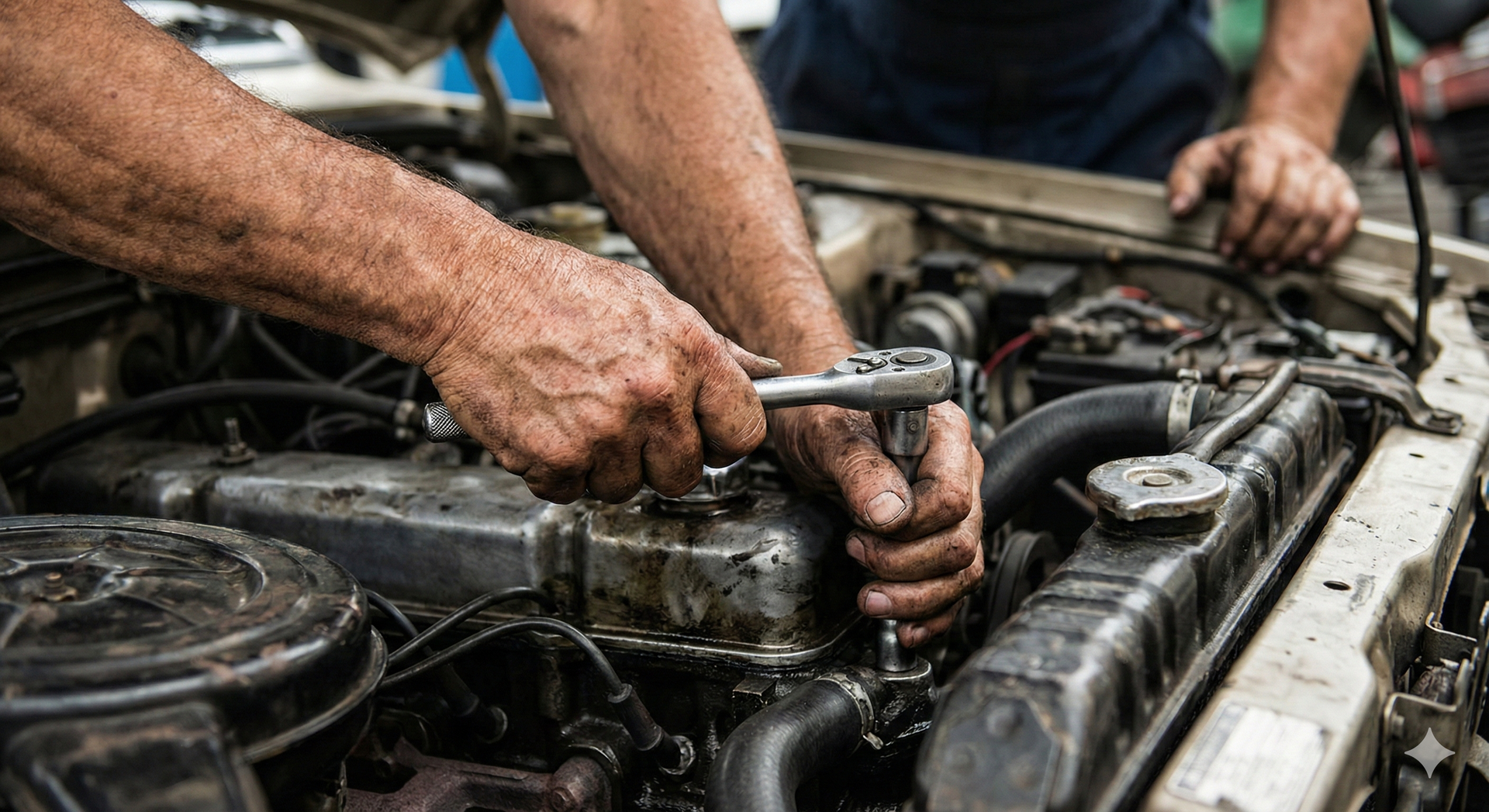 Mechanic's hands working on a car engine, using a wrench. The engine is oily and the setting is outdoors.