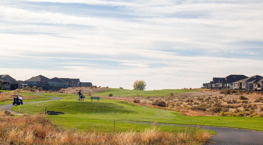 Golf course scene with golfers, cart, and houses under a cloudy sky.