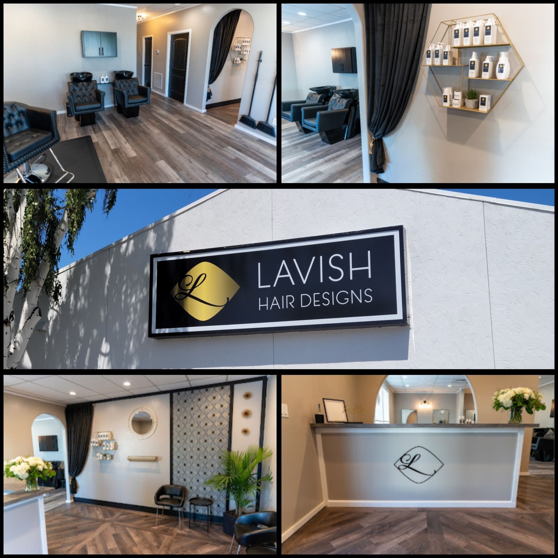 Lavish Hair Designs waiting room with black furniture, plants, and geometric wall art.