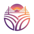Cable-stayed bridge over stylized fields, with a sunset and mountains, within a gradient circle.