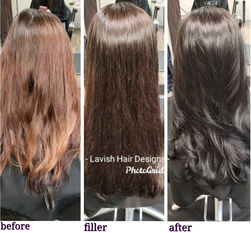 Two views of a short, gray hairstyle: side and back. The woman wears a black salon cape.