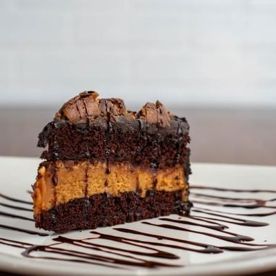 Chocolate peanut butter cake slice on a plate, drizzled with chocolate sauce.