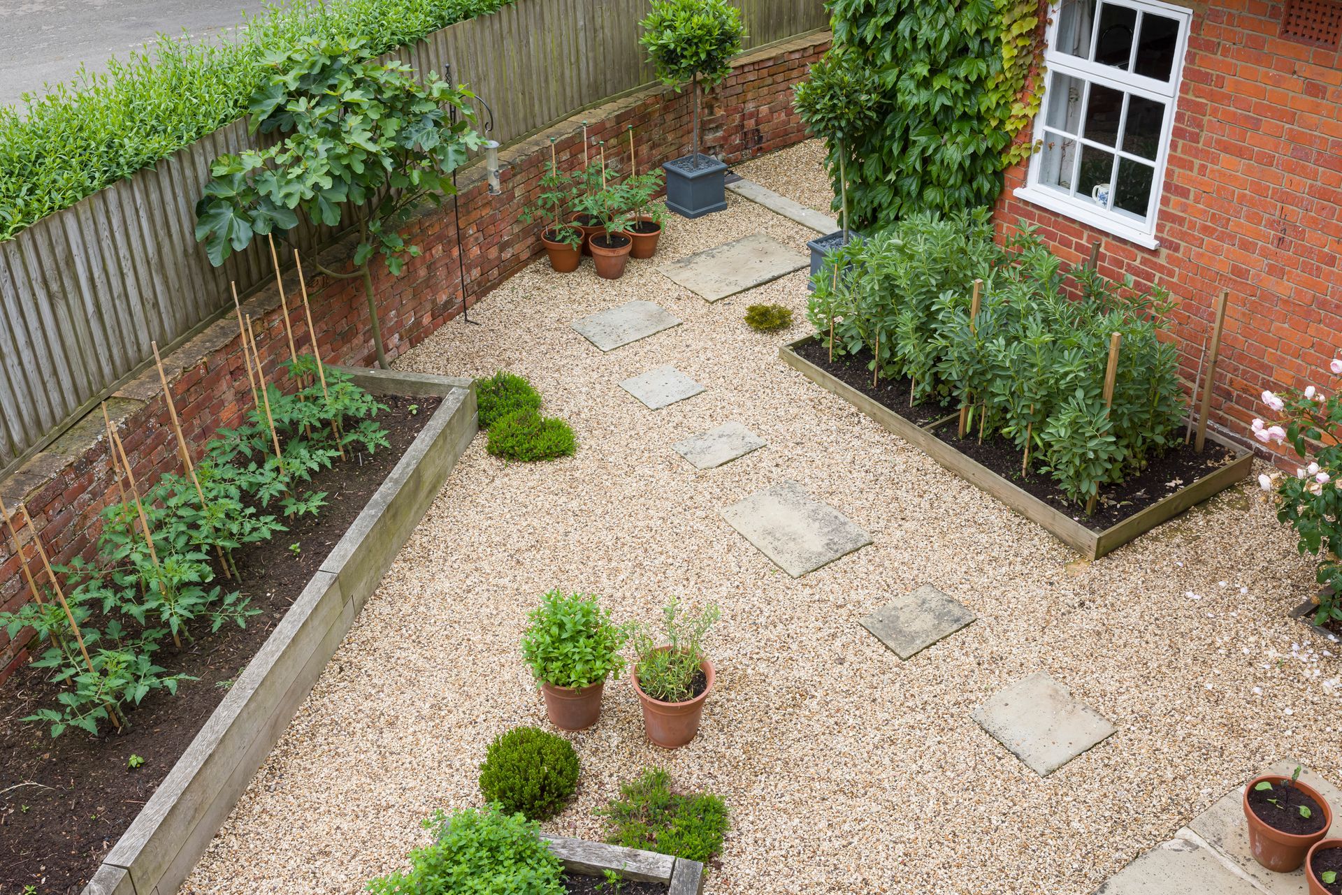 Raised garden beds filled with vegetables, stepping stones on gravel, near a brick building.