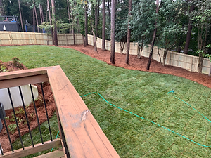 Backyard with green grass, trees, wooden fence, and a wooden deck railing in the foreground.