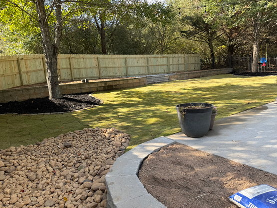 A backyard with a newly installed lawn, a wooden fence, and landscaping.